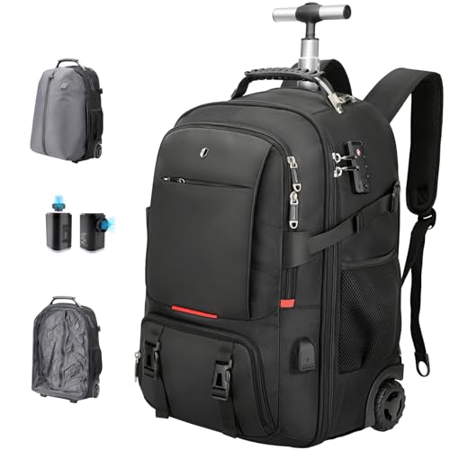 Travel Vacuum Backpack with Wheels for Women Men, 50L Rolling Vacpack Backpack with Vacuum System, Laptop Compartment, TSA Lock, Dry-Wet Pocket Luggage suitcase, Air Travel, Weekend Trips - color: Black(included Pump)