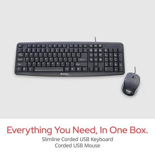 Verbatim Slimline Wired Keyboard and Mouse Combo USB Plug-and-Play Numeric Keypad Adjustable Tilt Legs Optical Corded Mouse Full-Size Computer Keyboard Compatible with PC, Laptop - FFP Packaging Black - style: Wired Keyboard & Mouse