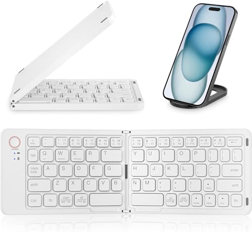 Mini Foldable Bluetooth Keyboard - Portable Wireless Full Size Keyboard (Sync Up to 3 Devices), Ultra-Slim Travel Folding Keyboards for iPhone iPad Mac Android Windows iOS, White - color: White