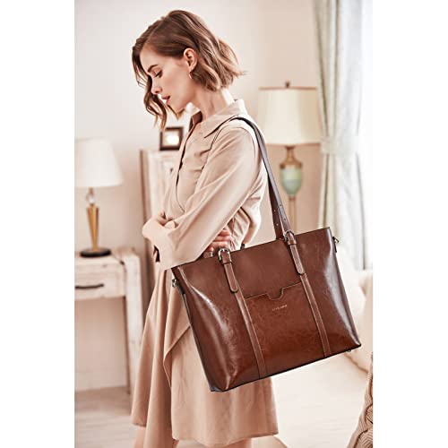 BOSTANTEN Genuine Leather Laptop Bag for Women 15.6'' Briefcase Tote Bags | Laptop Compartment, Structured, Professional, Detachable & Adjustable Shoulder Strap, Metal Feet, Work, Office, Business - color: B-coffee