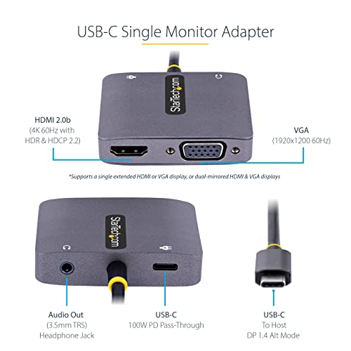 StarTech USB-C to HDMI/VGA Adapter, 4K 60Hz, 100W PD (122-USBC-HDMI-4K-VGA) | USB-C multiport video adapter, 4K 60Hz HDMI 2.0b, 1920x1200 VGA, 3.5mm audio, 7.1ch, HDCP 2.2, 100W PD pass-through, TB3/TB4