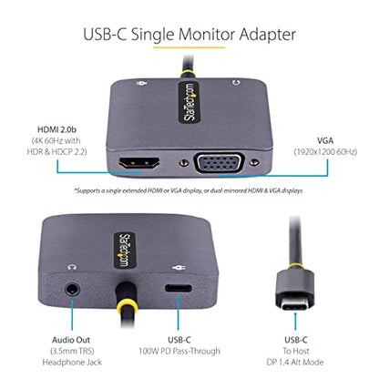 StarTech USB-C to HDMI/VGA Adapter, 4K 60Hz, 100W PD (122-USBC-HDMI-4K-VGA) | USB-C multiport video adapter, 4K 60Hz HDMI 2.0b, 1920x1200 VGA, 3.5mm audio, 7.1ch, HDCP 2.2, 100W PD pass-through, TB3/TB4