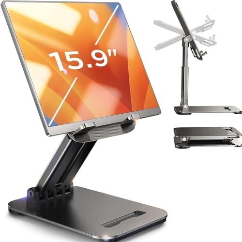 LISEN iPad Stand Tablet Holder for Desk, Adjustable Portable Monitor Stand | Tablet Stand Desk Accessories Offices Essentials, Kindle Accessories Stand for Apple iPad Mini Accessories, Gifts for Wo men - color: Black