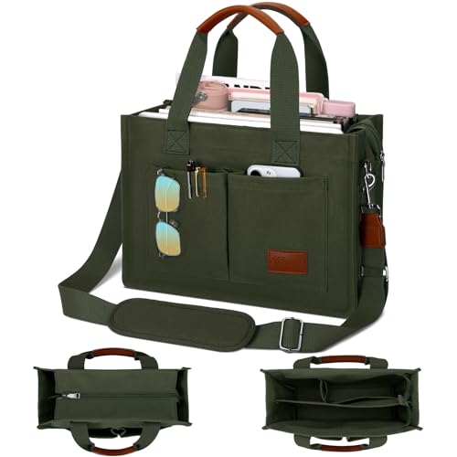 KKXIU Large Canvas Tote Bag for Women with Zipper and Compartments Crossbody Work Bible Messenger Purse Bag With Pockets - color: Army Green, size: X-Large