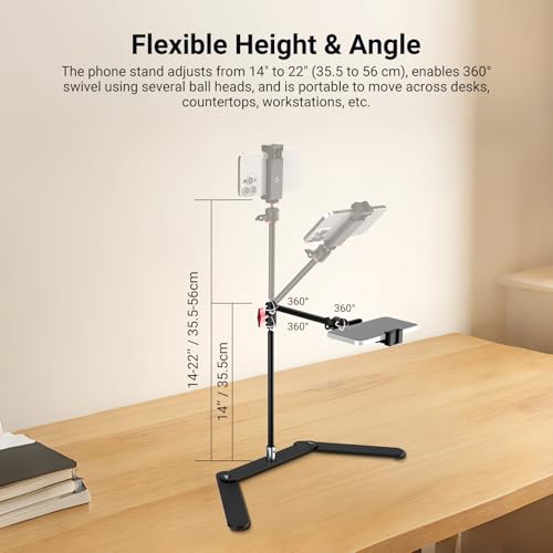 NEEWER Overhead Phone Tripod Stand with Dual Ball Head Articulating Boom Arm, Shock Absorbent Desk Phone Holder Clamp Mount with Foldable Base for Piano Cooking Drawing Sketching Live Streaming, DS026