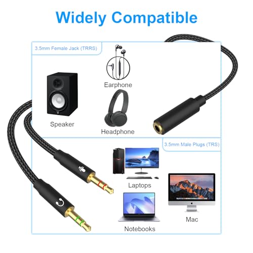 Headphone Mic Splitter Cable, 3.5mm TRRS Female to Dual TRS Male Mic Audio Adapter Cord Compatible with HyperX Cloud II/Alpha/Core, Astro A10/A40