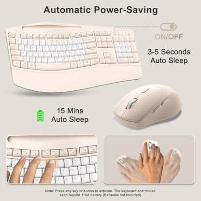 Wireless Keyboard and Mouse Combo, 2.4G Full Size Wave Keys Ergonomic Keyboard with Wrist Rest, Phone Holder, 3-Level DPI Wireless Silent Mouse with 6-Buttons, for Windows (Milk Tea-B) - color: Milk Tea-B