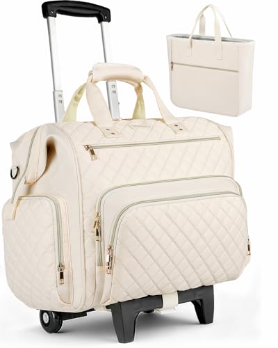 Rolling Teacher Bag, 16 Inch Rolling Laptop Bag with Detachable Dolly & Teacher File Tote, Large Roller Briefcase for Teaching Office Work, Women, Craft Nurse,Beige - color: Beige
