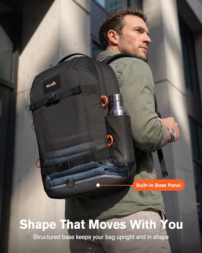 Tolaccea Travel Laptop Backpack 30L Carry On TSA Approved for Commute Trips | 100% RPET Recycled Fabric | EVA-cushioned Laptop Protection | TSA 180° Lay-flat Opening | Reinforced Stability Base Panel - color: Black