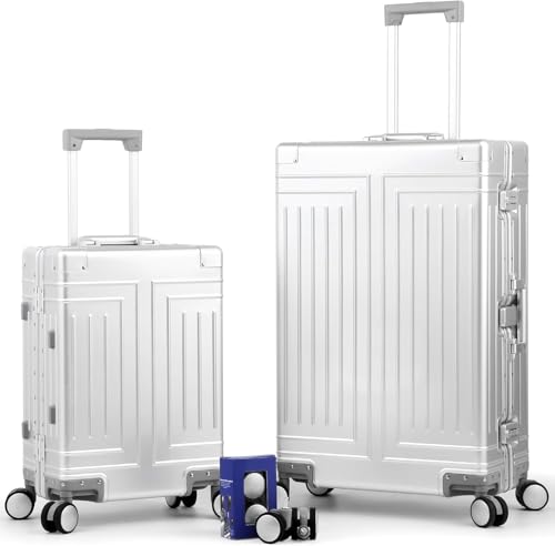 All Aluminum Luggage 20/28 Set，Cut from Whole Aluminum Sheet（3rd Generation，Premium Magnesium Metal zipperless suitcase ） (silvery, 20+28inch) - color: silvery, size: 20 inch + 28 inch