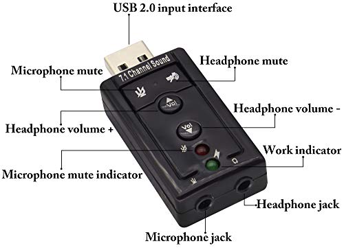 Hi-Speed USB 2.0 7.1-Channel Virtual USB 3D Stereo Audio Adapter External Sound Card with 3.5 mm Audio and Microphone Ports, Internal Amplifier and Volume Controls - color: led