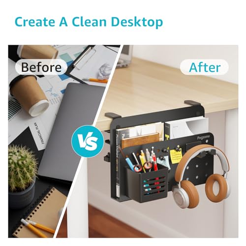 PEGZONE Desk Side Storage Organizer, No Drill Under Desk Laptop Holder, Clamp on Desks Shelf with Pegboard Accessories, Hanging Laptop Mount, Fits Flat Edge 0.4" to 2.2", Black | No Drill Under Desk Laptop Holder, Clamp on Desks Shelf with Pegboard Access