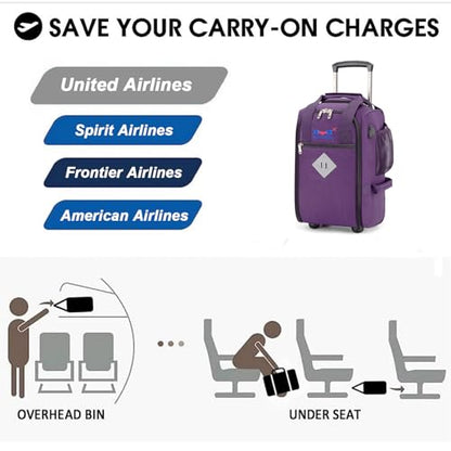 17x10x9 Inches United Airlines Rolling Personal Item Under Seat Duffle bags Suitable For Major Airlines Including Spirit, and Frontier Airline - color: Purplee