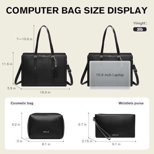Keyli 4pc Sets Laptop Bag for Women Large Leather Laptop Briefcase with USB Charging Port Computer Shoulder tote Bags Purse - color: 3pc-black