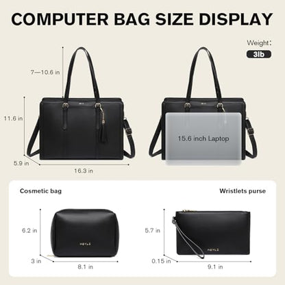 Keyli 4pc Sets Laptop Bag for Women Large Leather Laptop Briefcase with USB Charging Port Computer Shoulder tote Bags Purse - color: 3pc-black