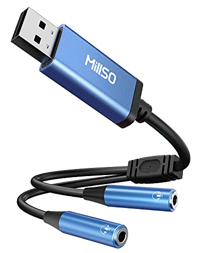 MillSO USB to Dual 3.5mm Audio Jack Adapter, Sapphire Blue TRRS External Stereo Sound Card Headphone Stereo Jack Splitter for Two Headphones, Speakers to a PC, Laptop, Desktop, PS4, PS5-1 Feet - color: USB to 2 x 3.5mm TRRS Audio Splitter