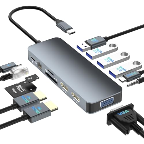Docking Station for Dell/HP/Lenovo/Surface Laptop, Dual HDMI Adapter for 2 Monitors, 13 in 1 USB C Hub With HDMI/VGA/USB/PD/Ethernet/SD/TF/Audio - style: 13 IN 1