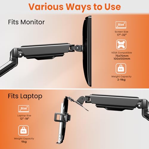 2-in-1 Laptop Wall Mount with Detachable Tray for 12-17" Laptops & Monitors | Gas Spring Adjustable Arm , Full Motion Articulating Stand Holds 2.2-19.8 lbs , Black