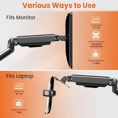 2-in-1 Laptop Wall Mount with Detachable Tray for 12-17" Laptops & Monitors | Gas Spring Adjustable Arm , Full Motion Articulating Stand Holds 2.2-19.8 lbs , Black