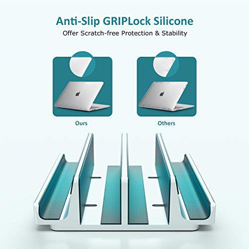 Vertical Laptop Stand - SPACEMax Adjustable GRIPLock Anti-Tip Silicone 4 Slots Aluminum Desktop Holder - Double Dock Stand - 2 Phone Slots Fits Up to 17.3” Laptops, Tablets, Phones - Silver - color: Silver