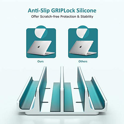 Vertical Laptop Stand - SPACEMax Adjustable GRIPLock Anti-Tip Silicone 4 Slots Aluminum Desktop Holder - Double Dock Stand - 2 Phone Slots Fits Up to 17.3” Laptops, Tablets, Phones - Silver - color: Silver