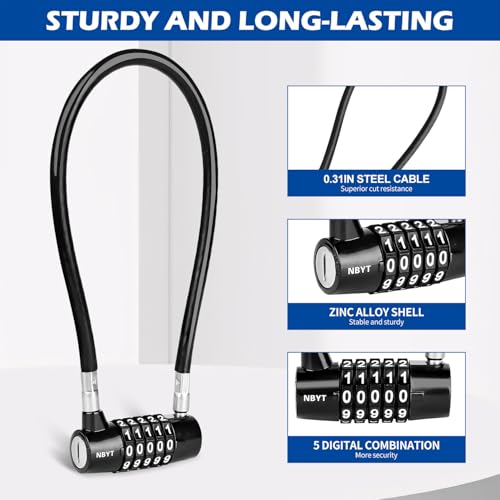 Cable Locks with Combination,Steel Cable Rope Wire 5-Digit Combination Lock with Resettable Code for Bikes, Lockers, File Cabinets, Wardrobes, Small Fences,gate Lock, Pool Padlock. - size: Span 7 in,Cable length15*0.3 in