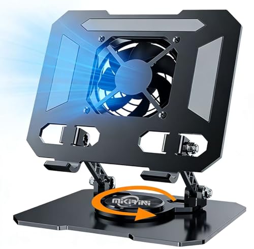 360° Rotating Desk Stand Holder with USB Cooler for iPad/Tablets | Carbon Steel Frame, Dual Rod Mount Support for iPad Pro 13 12 11 Air Mini 5 4 3 Samsung Tab E-Reader - color: Black with built-in cooler
