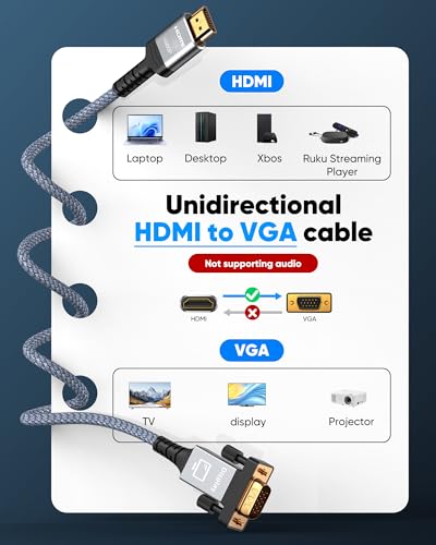 Capshi 6FT HDMI to VGA Male Adapter 1080P | Uni-Directional Only for Laptop, PC, Monitor and Projector[Aluminum Shell, Nylon Braided] - size: 6feet