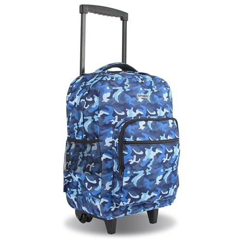 Rolling Backpack for Boys Girls. Roller Bookbag for School. Kids luggage with wheels, Blue Camo - color: Blue Camo