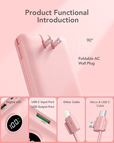VRURC Portable Charger 20000mAh, Fast Charging Power Bank USB C,4 Output 2 Input Travel Essentials Charging Bank Equipped with LED Display,Built-in Wall Plug and Cables,Phone Charger Battery,Pink - color: Pink