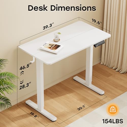 Small Electric Standing Desk, 40" ×20" White Standing Table, Height Adjustable Compact Sit Stand Desk with Splice Board, Home Office Table with 2 Hooks - color: Pearl White, size: 40"