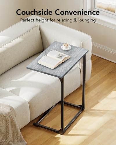 Pipishell C-Shaped Side Table, C Table for Sofa with Two-Piece Desktop & Metal Frame, Large Surface End Table for Living Room, Bedroom, Bedside, Rustic Design, Grey