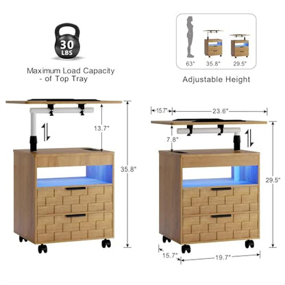 Lareth Rolling Nightstand with Wheels, LED Lights, Charging Station | Height Adjustable, Bedside Table 2 Drawers, Smart Wooden End Table Dorm Side Table Laptop Workstaion, Bedroom, Natural - color: A Natural