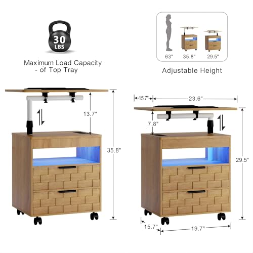 Lareth Rolling Nightstand with Wheels, LED Lights, Charging Station | Height Adjustable, Bedside Table 2 Drawers, Smart Wooden End Table Dorm Side Table Laptop Workstaion, Bedroom, Natural - color: A Natural