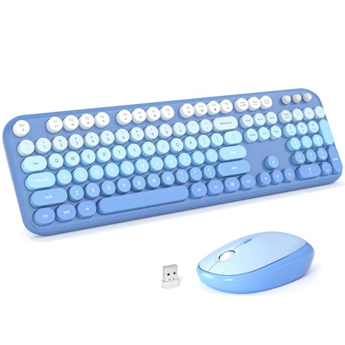 MOFII Wireless Keyboard and Mouse Combo, Full Size 2.4G Retro Round Computer Keyboard and Mouse Set, Plug and Play, for Windows, Computer, Desktop, PC, Notebook - (Blue Gradient) - color: Blue Gradient