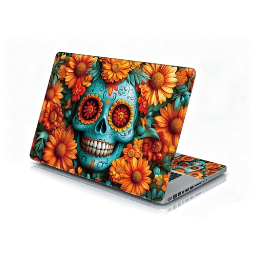 Universal Laptop Skin Sticker Decal, 12"-15.6" Aesthetic Vinyl Wrap, Teal Sugar Skull Flowers Waterproof Notebook Cover Art Protector for MacBook HP Dell Lenovo, Fits 13" 14" 15" 15.6" - color: Teal Sugar Skull Flowers