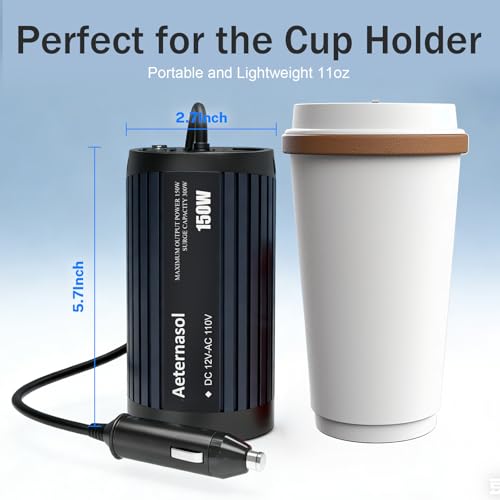 150W Car Power Inverter Cup Holder, 12V DC to 110V AC Power Converter with 1 AC Outlet and 1 USB-QC, Car Plug Adapter Car Outlet Adapter for Laptop, Computer, Phones on Camping Road Trip
