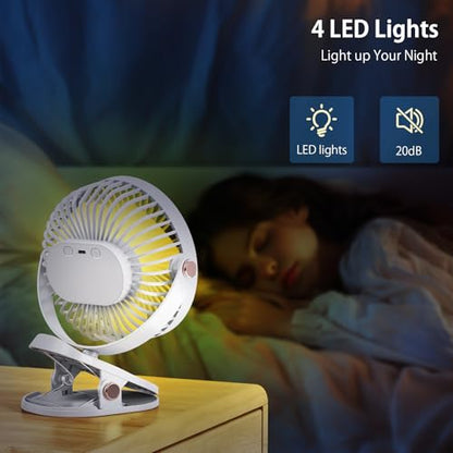 iNeibo 4000mAh Portable Clip on Fan with LED Lights, Battery Operated USB Desk Fan,4 Speed Quiet Rechargeable Mini Table Fan, 360° Rotate Personal Cooling Fan for Home Office Stroller Camping (White) - color: White