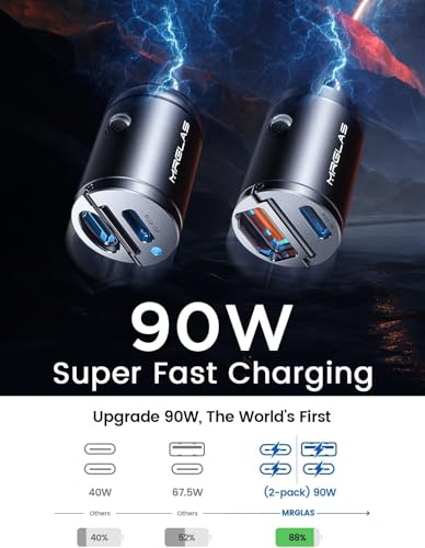 MRGLAS 2-Pack 90W USB C Car Charger, Super Mini Metal USB C Car Charger Fast Charging Adapter [PD+QC]&[Dual PD],Cigarette Lighter Compatible with iPhone 17 16 15 Pro Max iPad Air Samsung S25 Ultra - color: Black, size: [A+C, C+C]