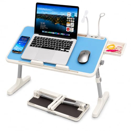 Laptop Desk for Bed, Height & Angle Adjustable Lap Desk with USB Cooling Fan, LED Light and USB Ports, Foldable Portable Laptop Table for Couch, Sofa, Floor, Reading, Writing (Blue) - color: Blue