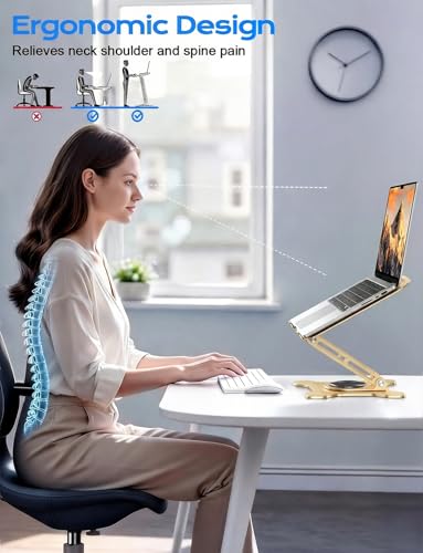 JCZT 360° Rotating Laptop Stand for Desk, Metal Foldable Laptop Riser Gold | Ergonomic Portable Adjustable Laptop Stand, Ventilated Cooling Notebook Holder for MacBook Air Pro, All 10-16'' Laptops - color: Gold