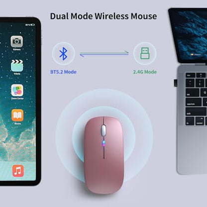KANMABPC Wireless Bluetooth Mouse – Rechargeable, Silent, Dual Mode (Bluetooth 5.2 & USB) with LED Lights – Portable for Laptop, Desktop, & Tablet(Rose Gold) - color: Rose Gold