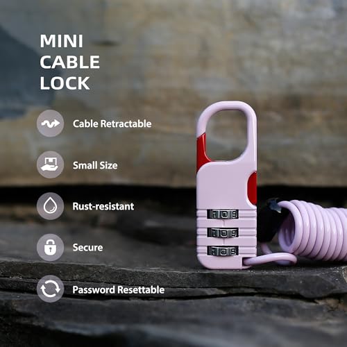 Travel Locks Cable Retractable, Mini Snowboard Lock with Combination, Small Padlock Combination with Wire for Luggage, Backpack, Suitcase, Stroller, Ski Gear, Motorcycle Helmet Anti Theft - color: Black+Pink