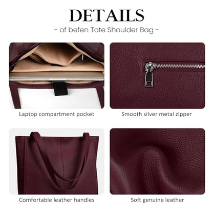 befen Genuine Leather Tote Bag for Women Work Travel Leather Purse Handbags | Real Leather, Padded 14" Laptop Compartment, Multi-Pockets, Zipper, Tote Bag for Daily - color: Burgundy Red