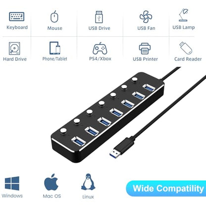 USB 3.0 Hub 7 Port USB Hub with 2ft Long Cable Aluminum USB Hub for Laptop and PC with Individual On/Off Switch and LED Indicator - color: Black