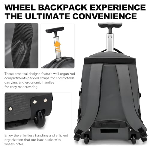 Boavan Rolling Backpack,17 inch Water Resistant Wheeled Backpack,Carry on Luggage Business Bag, Overnight College Computer bag Trolley Suitcase for Men Women Adults to Travel，Grey - color: Grey, size: 17.3 inches