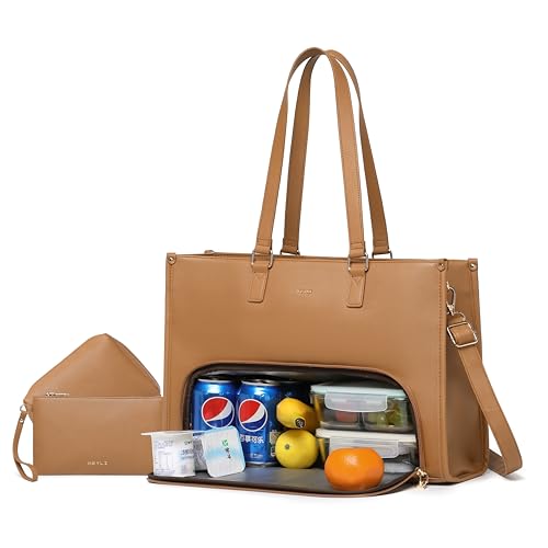Keyli 3pcs Laptop Bag for Women 15.6 inch and Lunch Tote Bag for Women with Insulated Lunch Compartment Computer Briefcase - color: 1.0-brown