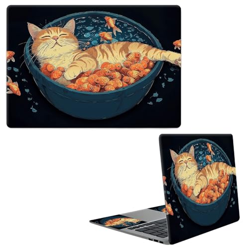 Laptop Skin Sticker Decal, Universal Protective Cover Fit 12 13 14 15.6 Inch Notebook, Reusable Water-Resistant Vinyl Decal w/ 2 Wrist Pads for Business Travel Office, Cat and Fish - color: Cat and Fish