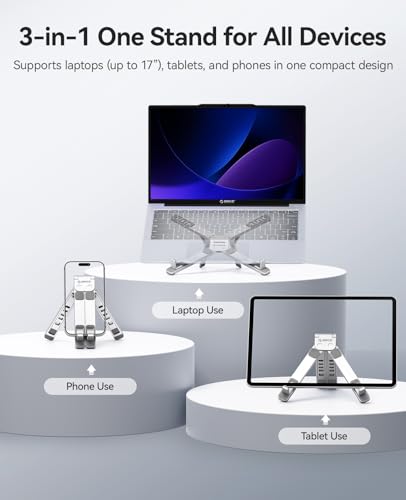 ORICO Portable Laptop Stand for Travel & Desk, Ultra-Compact Foldable Aluminum 3-in-1 Riser for Laptop, Tablet & Phone, 5 Adjustable Heights, Compatible with MacBook/HP/Dell/iPad/iPhone – PN1 (Silver)