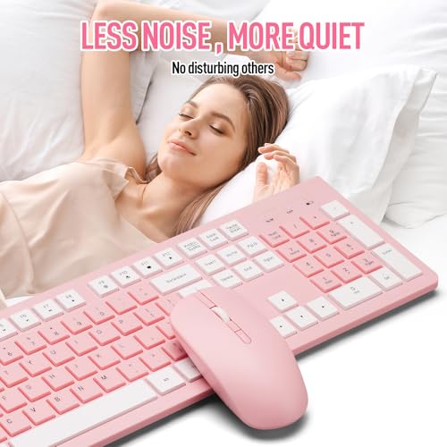 Wireless Silent Keyboard and Mouse Combo, Ultra-Slim Sleek Design Full-Sized Wireless Keyboard and Adjustable DPI Mouse, 2.4GHz USB Receiver for PC, Windows, MAC, Desktop, Laptop (Pink)